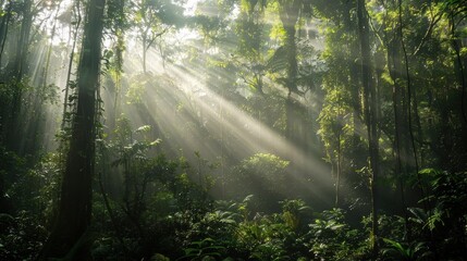Sunlight filters through the dense canopy of a lush rainforest, creating a magical, ethereal atmosphere