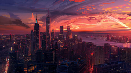 Fototapeta premium Urban skyline at dusk with city lights