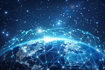 Earth with global network connections, representing connectivity and worldwide internet concept on a dark blue background