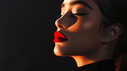 Close-up portrait of a woman with bold red lipstick in dramatic lighting, showcasing elegance and beauty in soft shadows.