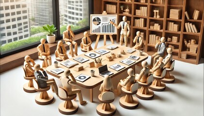 Grupo de muñecos de madera en una reunión ejecutiva, representa las juntas gerenciales y reuniones para toma de decisiones de una empresa