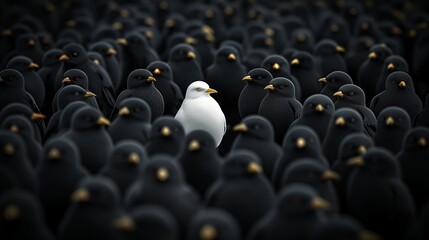 Obraz premium The white crow is different from all of the identical black crows. Your opinion, you don't look like everyone, you go against the crowd