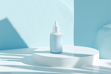 Minimalist cosmetic bottle in soft blue lighting on a white pedestal. Ideal for beauty, skincare, and wellness themes.