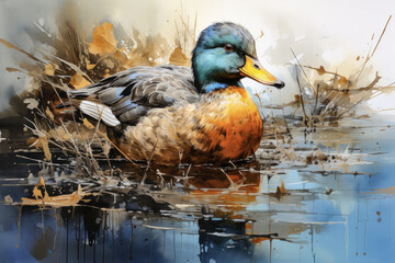 Obraz premium Watercolor Painting of Duck in Marsh