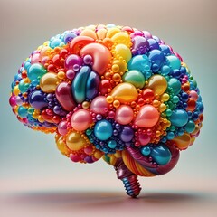 Cerebro multicolor, divertido, algunos colores neón, de globos alargados y formas circulares, perfecto para representar a la neurocincia infantil