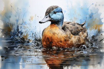 Fototapeta premium Watercolor Painting of Duck in Marsh