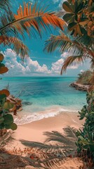 Fototapeta premium Bayside Miami Vice City tropical beach with stunning ocean view, excellent composition, Miami bayside, Vice City atmosphere, and neon vibes.