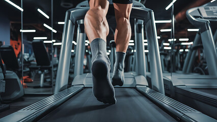 Close-up of man feet on a treadmill running at the gym or at home
