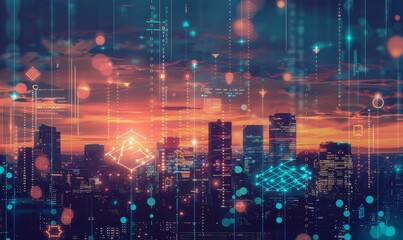 Fototapeta premium Abstract Global Network Connecting Night Cities: Futuristic Visualization of AI-Driven Smart Urban Landscape. Digital Interconnectivity, 5G Communication, and Technological Innovation Converge in a St