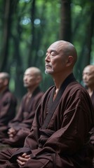 Fototapeta premium Serene Elderly Buddhist Monk Sits In Deep Meditation Rituals In Temple