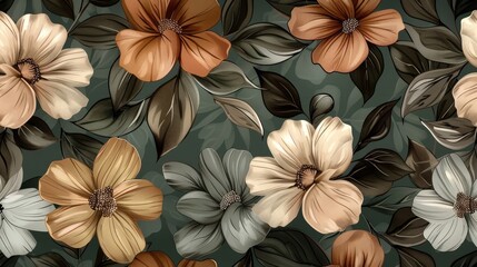 A seamless pattern of brown and beige flowers with green leaves on a dark green background