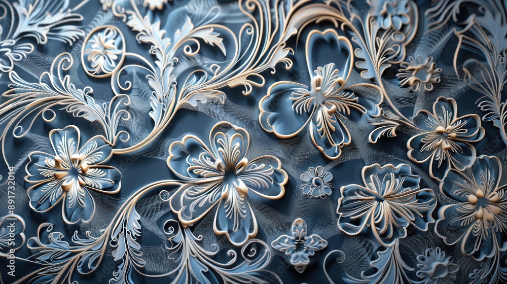 Poster a close-up view of elegant lace with intricate patterns in white and gold on a dark blue background.