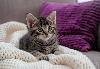Close-Up of Cute Kitten Sitting on Sofa