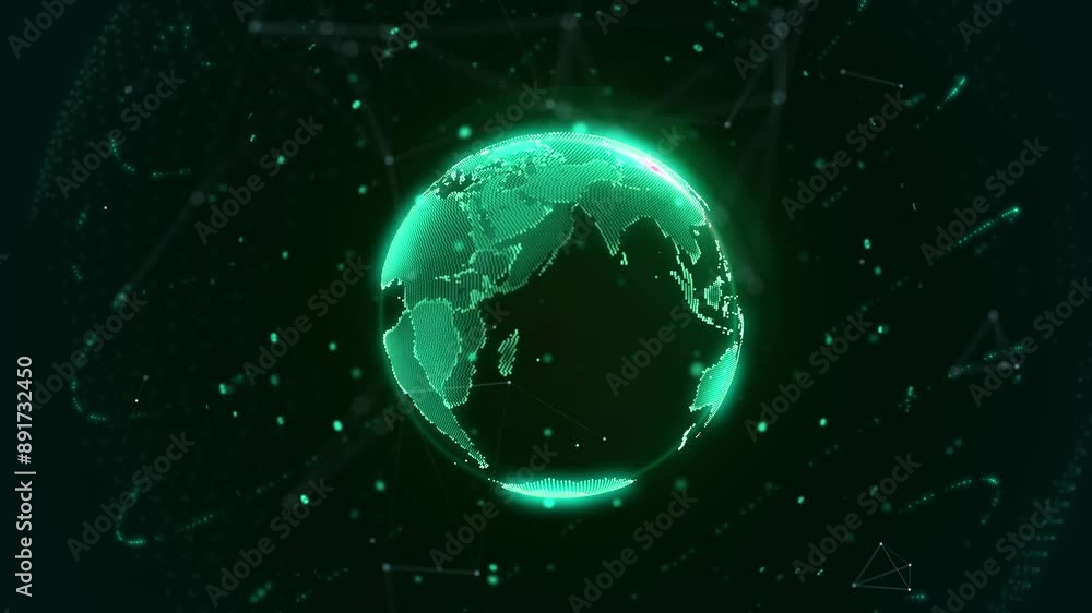 Poster Digital global network solution platform with data connection transfer concept. Green earth planet spinning on the center of galaxy space 4K scene motion background.