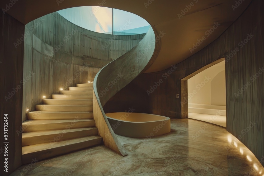 Poster a majestic spiral staircase illuminated by ambient lighting from an overhead skylight, blending mode