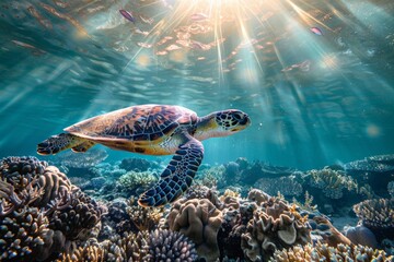 Obraz premium A beautiful sea turtle swims through a vibrant coral reef teeming with colorful fish and marine life, highlighting the wonder and diversity of underwater ecosystems.