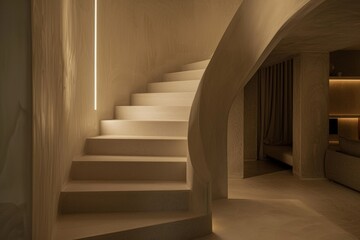 An elegant, curved staircase illuminated by a warm, glowing light, showcasing minimalist design and creating a serene, inviting atmosphere within a contemporary interior.