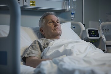 Obraz premium An elderly man lying in a hospital bed appears worried and serious, capturing a moment of concern and vulnerability in a medical setting, emphasizing healthcare and human struggle.