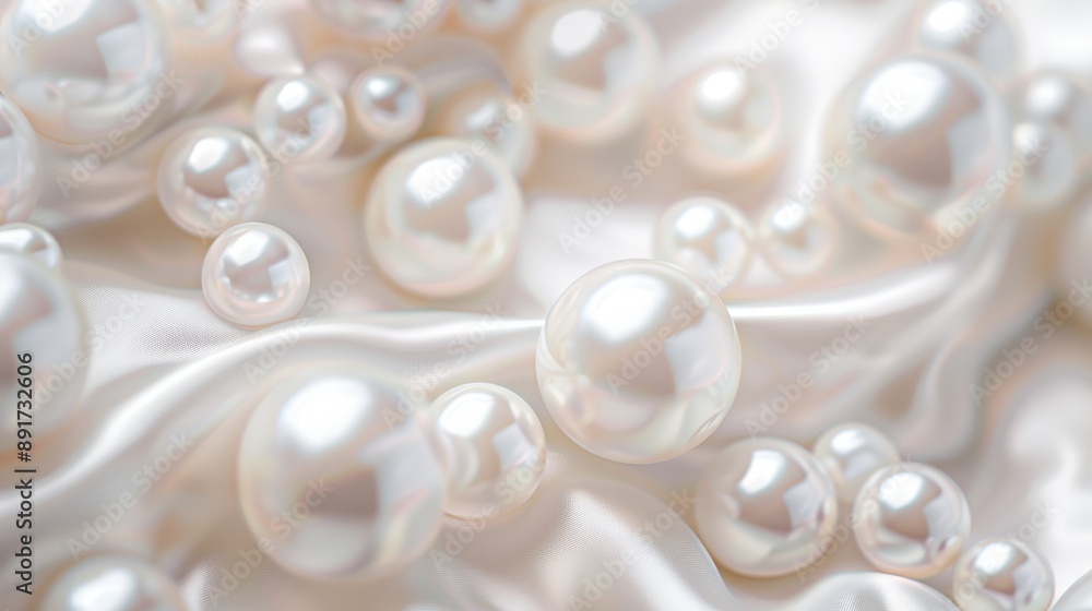 Poster a collection of smooth, white pearls rests on a pristine white satin fabric, creating a luxurious an