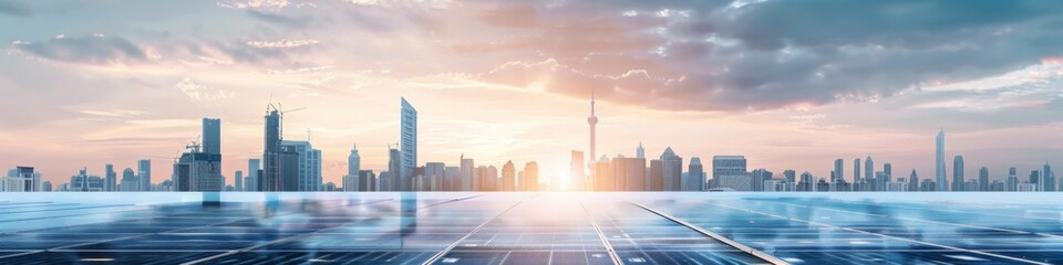 Sustainable Urban Future: Abstract Cityscape with Integrated Solar Panels. Renewable Energy Revolution in Modern Metropolis, Showcasing Eco-Friendly Innovation and Green Technology for a Cleaner, More