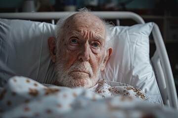 An elderly man lies in a hospital bed covered with a blanket, surrounded by clinical medical equipment, portraying the importance of healthcare and medical support for the elderly.