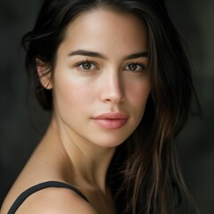 Obraz premium Beautiful brunette woman in black tank top, light brown eyes, high resolution headshot, dark background.