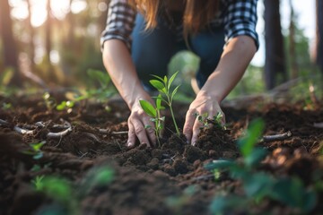 This image highlights a person’s hands planting a seedling in a garden, symbolizing growth, care, and the nurturing of life, captured in a natural outdoor setting filled with sunlight.