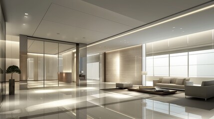 Fototapeta premium Sleek Minimalist Office Space with Neutral Decor - Contemporary Digital Illustration