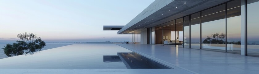 Obraz premium Modern Minimalist Home with Glass Facade - Contemporary Architecture 3D Render