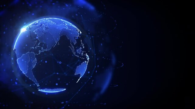 Digital earth global data network connection rotating on the left side of blue space background. Technology futuristic world map sphere with lens flare 4K motion background.