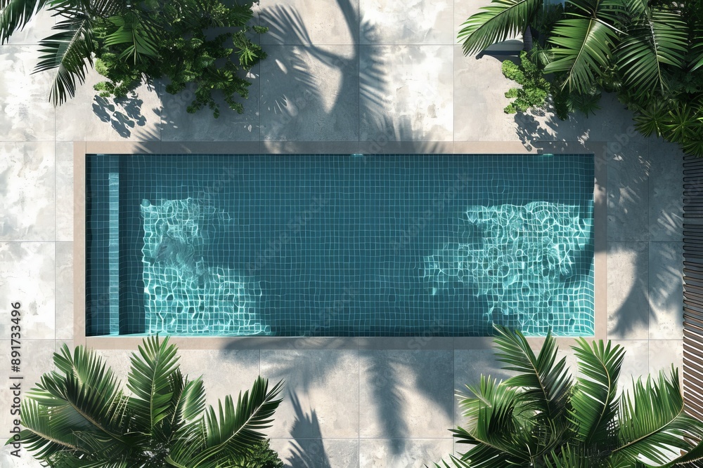 Poster top view of a modern rectangular swimming pool with crystal clear water, surrounded by tropical foli