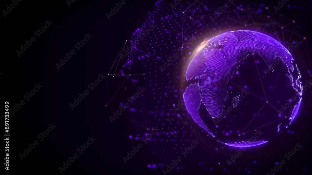 Canvas Prints Digital Purple 3D Hologram Flare Ring Earth Rotating In Cyberpunk Theme Universe Background. Blur Dot Data Structure Cover On Planet System Communication Concept 4K Motion.