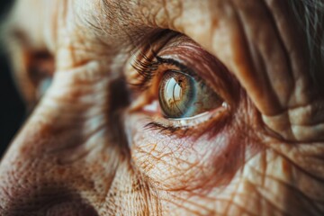 A detailed close-up of an elderly person's eye, richly textured with wrinkles, reflecting deep wisdom, life experiences, and emotional depth in a soulful gaze.