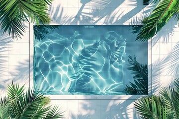 Aerial view of a serene, clear blue swimming pool surrounded by lush, green palm trees and their shadows, offering a tranquil and luxurious setting.