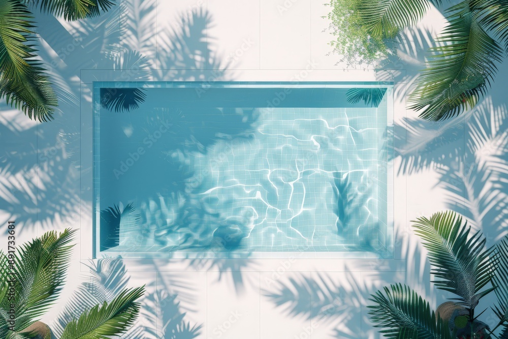 Poster a serene top view of a clear swimming pool surrounded by lush green palm leaves casting shadows over