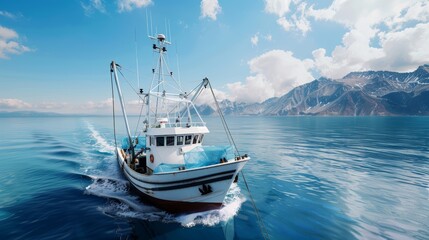 Obraz premium A detailed shot of a sustainable fishing boat using eco-friendly practices, in a scenic coastal area, high-resolution photo, realistic photo, cinematography, hyper realistic