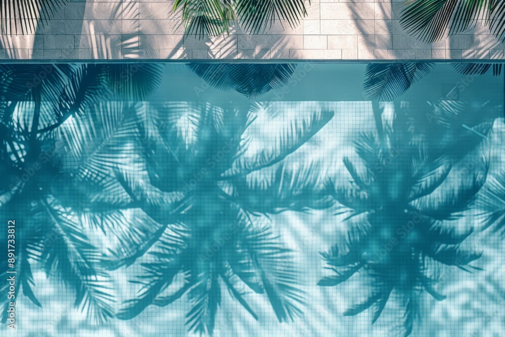 Poster a perfect capture of a swimming pool with a reflective water surface, beautifully veiled by the shad