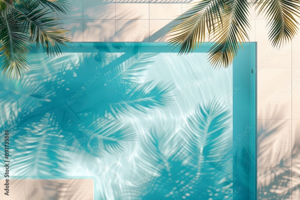 Poster A crystal-clear swimming pool viewed from above, showcasing the intricate and beautiful shadows cast by the surrounding palm leaves, creating a serene and inviting atmosphere.
