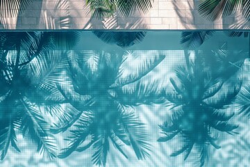 A perfect capture of a swimming pool with a reflective water surface, beautifully veiled by the shadows of palm trees, evoking a timeless sense of serenity and aesthetic charm.