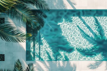 Aerial photograph of an inviting, clear blue swimming pool bordered by lush palm trees, with artistic reflections of the foliage on the pool's surface under sunlight.