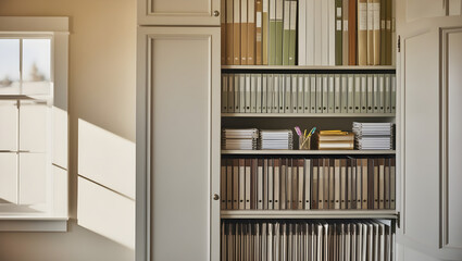 Fototapeta premium A meticulously organized cabinet at home, captured through a shallow depth of field in a warm and inviting photography style, generative ai