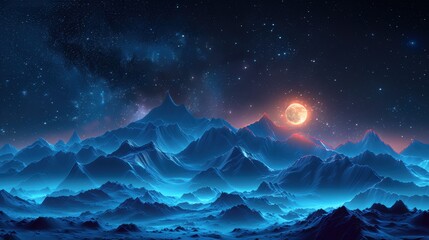 Obraz premium Blue Mountainscape with Full Moon and Stars Illustration