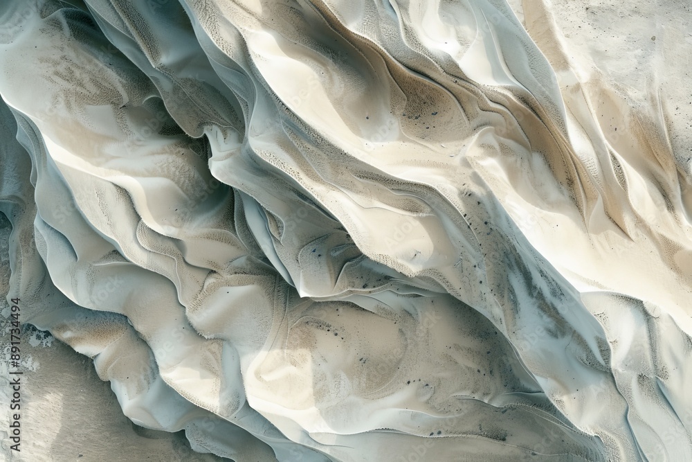 Poster abstract image of white and beige sand formations with intricate, layered textures and patterns, evo