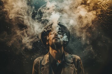 Fototapeta premium Mysterious man exhaling smoke under dark moody lighting, creating an enigmatic ambiance.