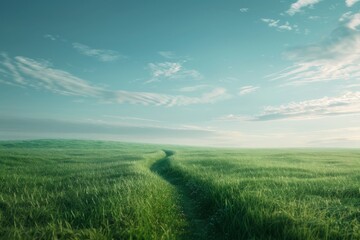 Obraz premium A serene scene featuring a narrow pathway cutting through lush green grass under a vast blue sky, evoking peace and calm thoughts for the observer.
