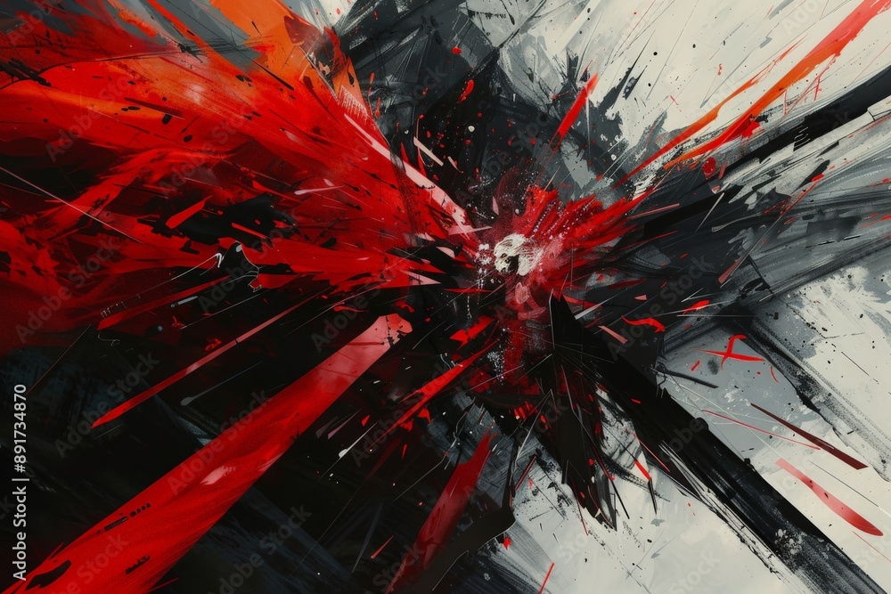 Poster an intense and dynamic abstract artwork featuring bold and aggressive strokes of red and black, conv