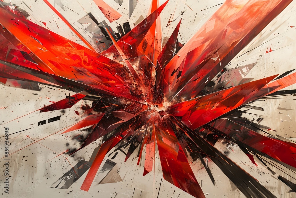 Fototapete a visually striking abstract artwork featuring explosive shards of red and black, depicting chaos an