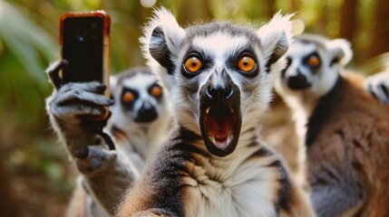 Obraz premium Group lemurs animals expressing funny surprise while taking phone selfie background wallpaper AI generated image