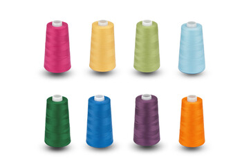 Spool thread collection. Rainbow colors thread isolated. Thread plastic spool. Collection of cutout threads. Vibrant vivid colors. Sew threads. Colorful hobby background. Tailor shop. Set of threads.