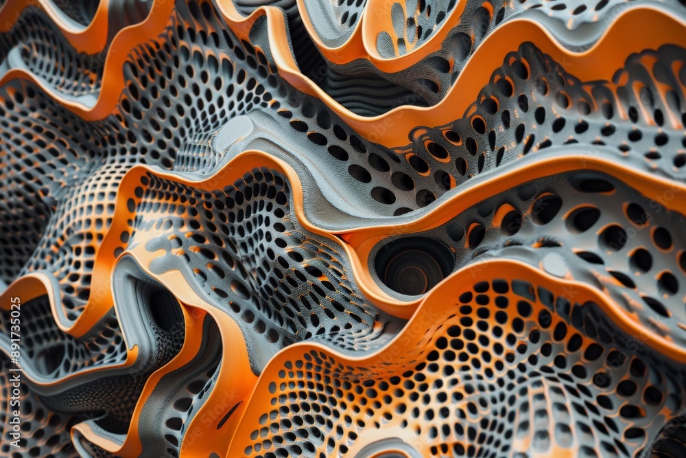 Aufkleber This image displays a dynamic abstract design with a striking combination of orange and black elements, featuring perforated patterns, waves, and intricate textures.